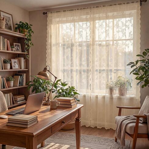 Horaldaily Beige Lace Curtains for Living Room and Bedroom, Vintage Floral Sheer Curtain Panels, Rod Pocket, Light Filtering, Victorian Sheer Drapes, 55" W x 84" L, 2 Panels in Saudi Arabia