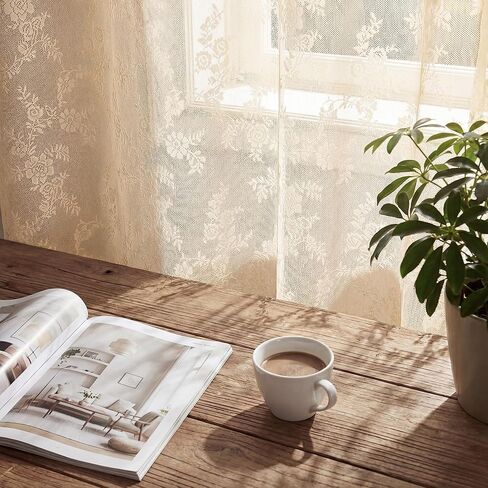 Horaldaily Beige Lace Curtains for Living Room and Bedroom, Vintage Floral Sheer Curtain Panels, Rod Pocket, Light Filtering, Victorian Sheer Drapes, 55" W x 84" L, 2 Panels in Saudi Arabia