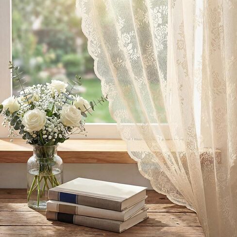 Horaldaily Beige Lace Curtains for Living Room and Bedroom, Vintage Floral Sheer Curtain Panels, Rod Pocket, Light Filtering, Victorian Sheer Drapes, 55" W x 84" L, 2 Panels in Saudi Arabia