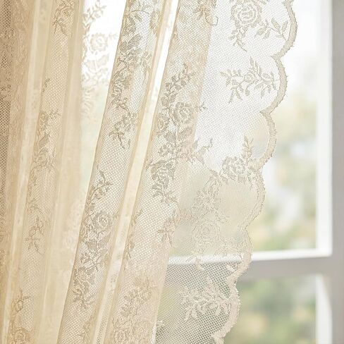 Horaldaily Beige Lace Curtains for Living Room and Bedroom, Vintage Floral Sheer Curtain Panels, Rod Pocket, Light Filtering, Victorian Sheer Drapes, 55" W x 84" L, 2 Panels in Saudi Arabia