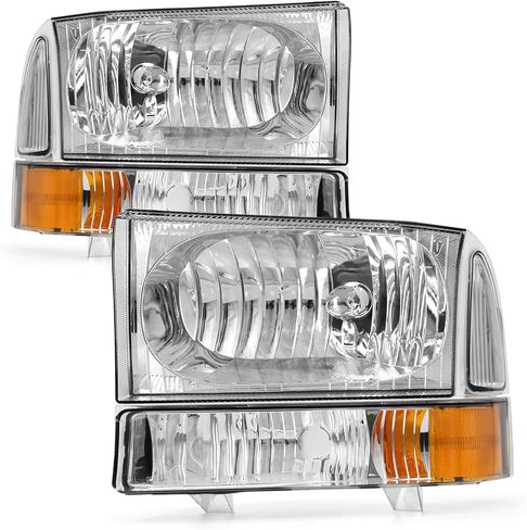لـ 1999 2000 2001 2002 2003 2004 F250 F350 F450 F550 مجموعة المصابيح الأمامية متوافقة مع 99-04 Ford Super Duty Chrome Housing Amber Reflector Headlamp استبدال اليسار واليمين in Saudi Arabia