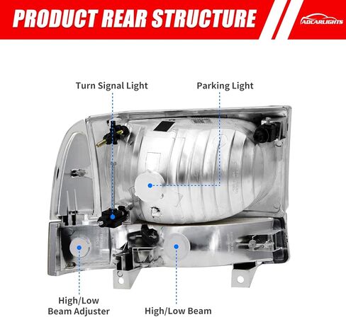 لـ 1999 2000 2001 2002 2003 2004 F250 F350 F450 F550 مجموعة المصابيح الأمامية متوافقة مع 99-04 Ford Super Duty Chrome Housing Amber Reflector Headlamp استبدال اليسار واليمين in Saudi Arabia