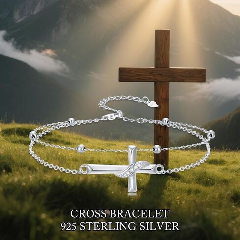 Diamond Cross Bracelet for Women 925 Sterling Silver Sideways Cross Layered Bracelet Religious Jewelry Christmas Gifts for Her in Saudi Arabia