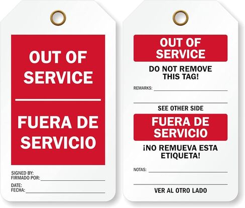 SmartSign Out of Service Bilingual 2-Sided Tag | 3.375" x 5.875" Plastic, Pack of 25, Made in USA in Kuwait