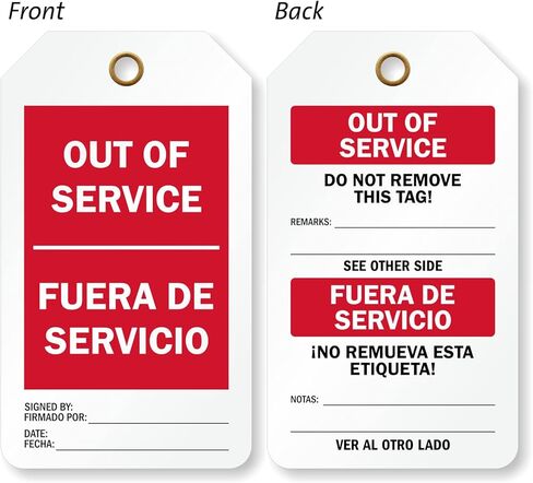 SmartSign Out of Service Bilingual 2-Sided Tag | 3.375" x 5.875" Plastic, Pack of 25, Made in USA in Kuwait