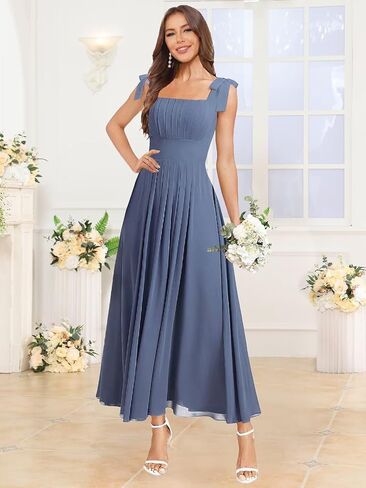 Tea Length Chiffon Bridesmaid Dresses for Women Spaghetti Straps Square Neck Formal Evening Gown in Saudi Arabia