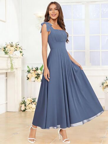 Tea Length Chiffon Bridesmaid Dresses for Women Spaghetti Straps Square Neck Formal Evening Gown in Saudi Arabia