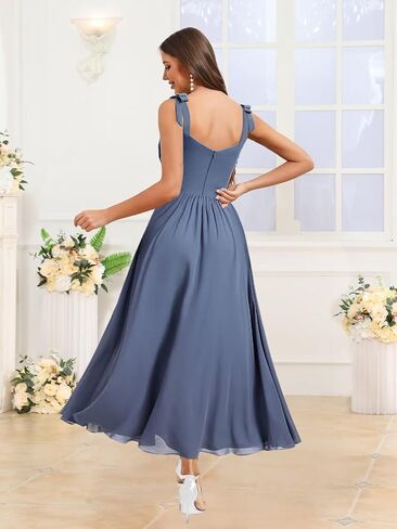 Tea Length Chiffon Bridesmaid Dresses for Women Spaghetti Straps Square Neck Formal Evening Gown in Saudi Arabia