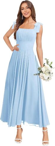 Tea Length Chiffon Bridesmaid Dresses for Women Spaghetti Straps Square Neck Formal Evening Gown in Saudi Arabia