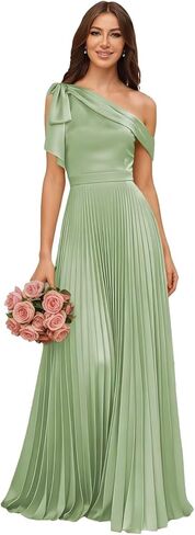 One Shoulder Satin Bridesmaid Dresses for Women Pleated High Waist A Line Formal Dress with Bow in Saudi Arabia