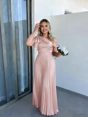 One Shoulder Satin Bridesmaid Dresses for Women Pleated High Waist A Line Formal Dress with Bow in Saudi Arabia