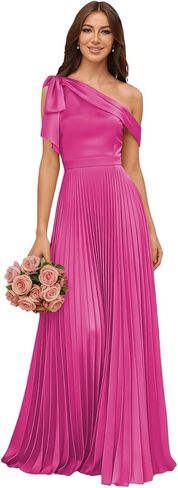 One Shoulder Satin Bridesmaid Dresses for Women Pleated High Waist A Line Formal Dress with Bow in Saudi Arabia