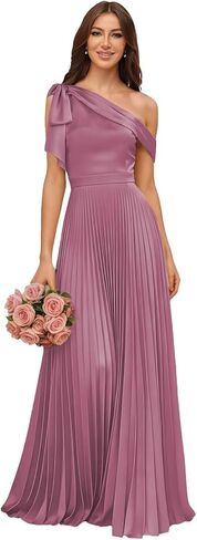 One Shoulder Satin Bridesmaid Dresses for Women Pleated High Waist A Line Formal Dress with Bow in Saudi Arabia