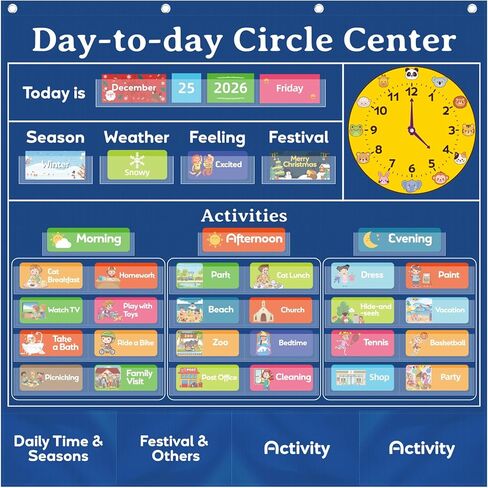 Classroom Calendar Pocket Chart with 221 Cards - Ideal for Homeschool & Classroom, Circle Time Calendar for kids - Days of the Week Preschool Calendar Wall Chart, Blue in Saudi Arabia