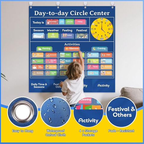 Classroom Calendar Pocket Chart with 221 Cards - Ideal for Homeschool & Classroom, Circle Time Calendar for kids - Days of the Week Preschool Calendar Wall Chart, Blue in Saudi Arabia