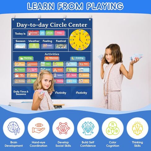 Classroom Calendar Pocket Chart with 221 Cards - Ideal for Homeschool & Classroom, Circle Time Calendar for kids - Days of the Week Preschool Calendar Wall Chart, Blue in Saudi Arabia