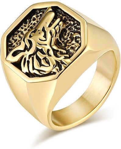 خاتم كيمستون من الفولاذ المقاوم للصدأ على شكل رأس الذئب للرجال - طراز راكبي الدراجات النارية على الطراز القوطي القديم in Kuwait