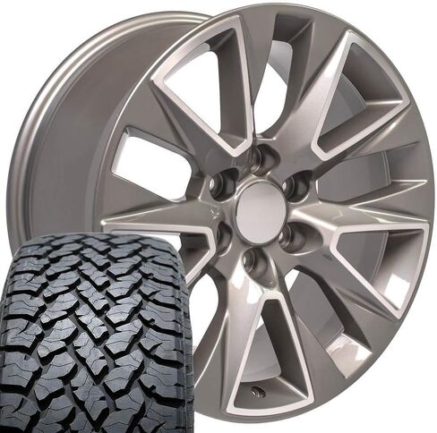 إطارات وإطارات OE Wheels CV26 مقاس 20 بوصة تناسب Silverado 1500 LTZ Style 6x139.7 20x9 مصنوعة من الفضة اللامعة - هولاندر 5919 - TS-37 AT 275/55-20 (مجموعة من 4) in Saudi Arabia