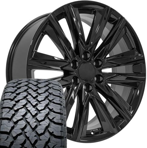 إطارات وإطارات OE Wheels CA91 مقاس 22 بوصة تناسب طراز Escalade Sport Style 6x139.7 22x9 أسود لامع - هولاندر 4869 - TS-37 AT 285/45-22 (مجموعة من 4) in Saudi Arabia