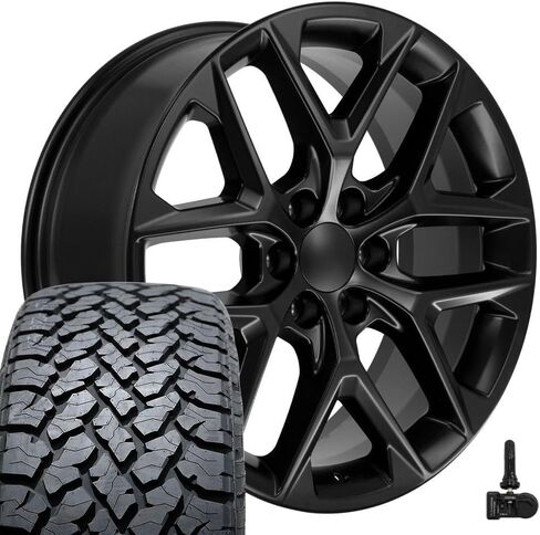 إطارات وإطارات OE Wheels CV62 مقاس 22 بوصة تناسب Silverado 1500 Style 6x139.7 22x9 Satin Black - Hollander 14078 - TS-37 AT 285/45-22 (مجموعة من 4) in Saudi Arabia