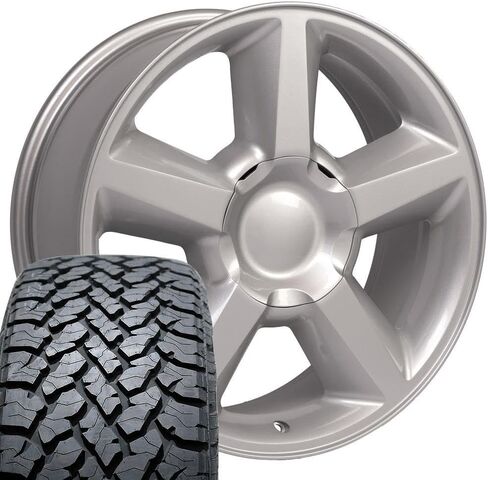OE Wheels CV83 20 Inch Rims and Tires Fit Tahoe Style 6x139.7 20x8.5 Gloss Silver - Hollander 5308 - TS-37 AT 275/55-20 (Set of 4) in Saudi Arabia