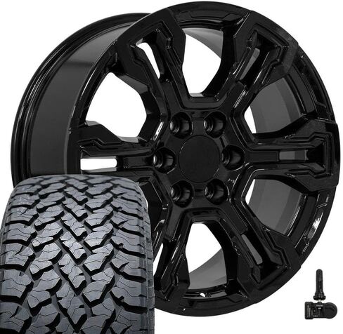 إطارات وإطارات OE Wheels CV65 مقاس 20 بوصة تناسب Silverado 1500 ZR2 Style 6x139.7 20x9 أسود لامع - هولاندر 14089 - TS-37 AT 275/55-20 (مجموعة من 4) in Saudi Arabia