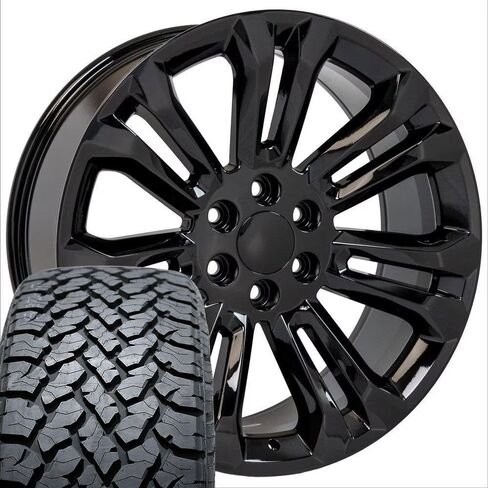OE Wheels CV43B 22 Inch Rims and Tires Fit Silverado 1500 Style 6x139.7 22x9 Gloss Black - Hollander 5666 - TS-37 AT 285/45-22 (Set of 4) in Saudi Arabia