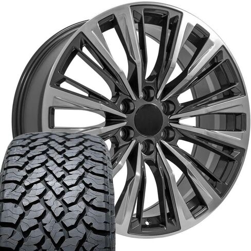 إطارات وإطارات OE Wheels CA93 مقاس 22 بوصة تناسب طراز سلسلة Escalade-V مقاس 6x139.7 22x9 من المعدن اللامع مع وجه مصقول - هولاندر 4869 - TS-37 AT 285/45-22 (مجموعة من 4) in Saudi Arabia