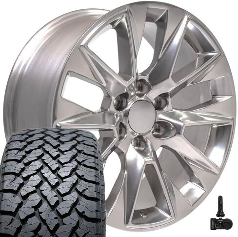 OE Wheels CV26 20 Inch Rims and Tires Fit Silverado 1500 LTZ Style 6x139.7 20x9 Polished - Hollander 5920 - TS-37 AT 275/55-20 (Set of 4) in Saudi Arabia