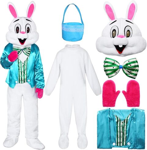 زي أرنب عيد الفصح للبالغين، بدلة الأرنب زي التميمة مع سترة وربطة عنق وسلة أرنب أبيض بدلة للبالغين in Kuwait