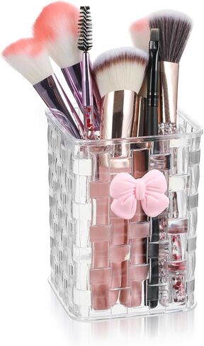 Acrylic Pen Holder for Desk, Cute Clear Makeup Brush Holders with Woven Texture and Bow, Transparent Pencil Organizer for Office Home School Cosmetic, Back To School Gift for Teachers Classmate in Saudi Arabia