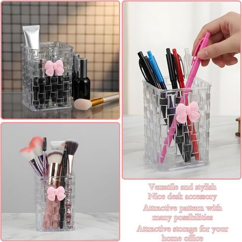 Acrylic Pen Holder for Desk, Cute Clear Makeup Brush Holders with Woven Texture and Bow, Transparent Pencil Organizer for Office Home School Cosmetic, Back To School Gift for Teachers Classmate in Saudi Arabia