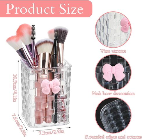 Acrylic Pen Holder for Desk, Cute Clear Makeup Brush Holders with Woven Texture and Bow, Transparent Pencil Organizer for Office Home School Cosmetic, Back To School Gift for Teachers Classmate in Saudi Arabia