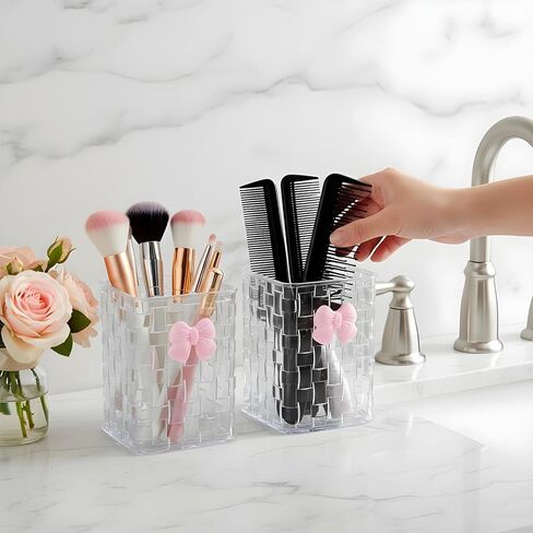 Acrylic Pen Holder for Desk, Cute Clear Makeup Brush Holders with Woven Texture and Bow, Transparent Pencil Organizer for Office Home School Cosmetic, Back To School Gift for Teachers Classmate in Saudi Arabia