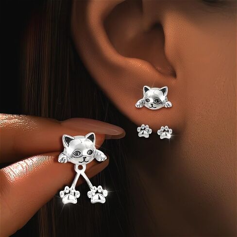 Pair of S925 Sterling Silver Cat Paw Dangle Earrings - Cute Cartoon Design, Hypoallergenic, Perfect for Daily Wear & Gifting, Ideal for Halloween & Parties, Cute Earrings in Saudi Arabia
