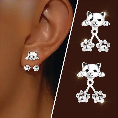 Pair of S925 Sterling Silver Cat Paw Dangle Earrings - Cute Cartoon Design, Hypoallergenic, Perfect for Daily Wear & Gifting, Ideal for Halloween & Parties, Cute Earrings in Saudi Arabia
