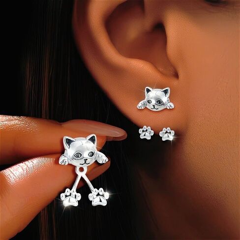 Pair of S925 Sterling Silver Cat Paw Dangle Earrings - Cute Cartoon Design, Hypoallergenic, Perfect for Daily Wear & Gifting, Ideal for Halloween & Parties, Cute Earrings in Saudi Arabia