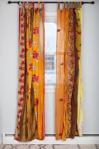 Assorted Vintage Silk Sari Curtain for Doorway, Sheer Bed Canopy, Patchwork Tapestry Window Treatment Curtains (84" x 43") Multicolor in Saudi Arabia