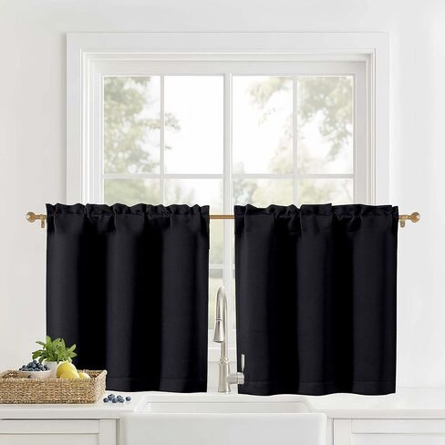 OVZME Black Kitchen Curtains 24 Inch Length - Light Filtering Solid Small Cafe Curtains, Short Window Curtains for Bathroom Basement RV Camper, 2 Panels, 30" Wx24 L in Kuwait