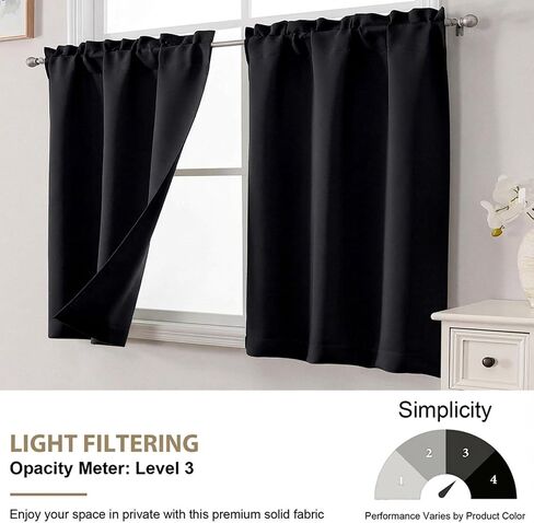 OVZME Black Kitchen Curtains 24 Inch Length - Light Filtering Solid Small Cafe Curtains, Short Window Curtains for Bathroom Basement RV Camper, 2 Panels, 30" Wx24 L in Kuwait
