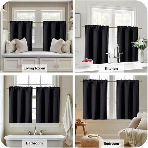 OVZME Black Kitchen Curtains 24 Inch Length - Light Filtering Solid Small Cafe Curtains, Short Window Curtains for Bathroom Basement RV Camper, 2 Panels, 30" Wx24 L in Kuwait