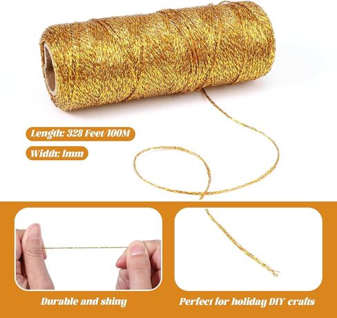 Gold String for Ornaments 1mm Metallic Bakers String 110 Yards Christmas Ornament Gold Cord Glitter Twine Inelastic Wrapping Twine for DIY Decor Gift Wrapping Gift Tags Crafts Wedding in Saudi Arabia