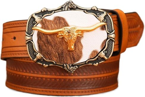 Faux Cowhide Print Longhorn Buckle - Feather Embossed PU Leather Strap Cowboy Rodeo Accessories 1.5" in Saudi Arabia