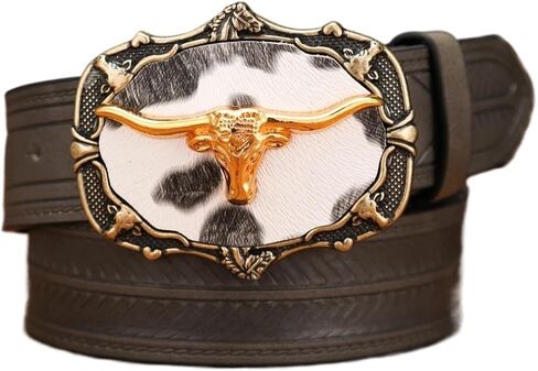 Faux Cowhide Print Longhorn Buckle - Feather Embossed PU Leather Strap Cowboy Rodeo Accessories 1.5" in Saudi Arabia