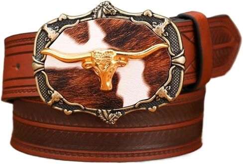 Faux Cowhide Print Longhorn Buckle - Feather Embossed PU Leather Strap Cowboy Rodeo Accessories 1.5" in Saudi Arabia