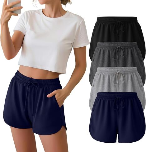 شورتات عرق نسائية Neer 4 Pack ، شورتات رياضية غير رسمية من القطن مع قيعان صيف صيف جيوب in Kuwait