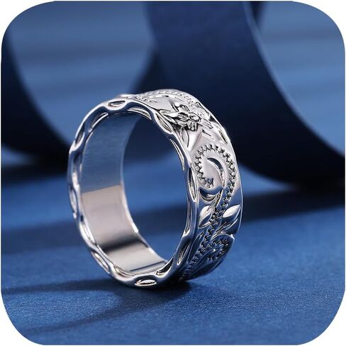 7mm Hawaiian Princess Plumeria Flower Scroll Band Ring Stackable Wedding Engagement Band 925 Silver Plated Floral Pattern Design Engraved Wave Ring for Men Women Comfort Fit Ring Size 7 in Saudi Arabia