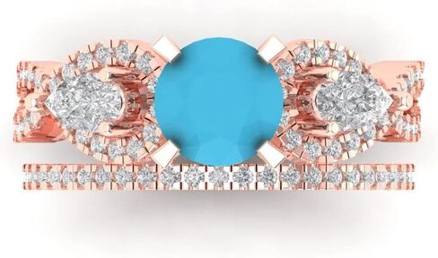 Wedding Ring Set for Women - 14K Solid Gold, Rose Gold Simulated Turquoise Engagament Ring and Stacking Zirconia Wedding Band Bridal Set, 1.925 tcw in Kuwait