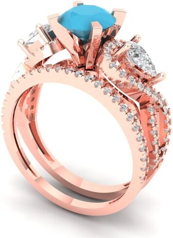 Wedding Ring Set for Women - 14K Solid Gold, Rose Gold Simulated Turquoise Engagament Ring and Stacking Zirconia Wedding Band Bridal Set, 1.925 tcw in Kuwait