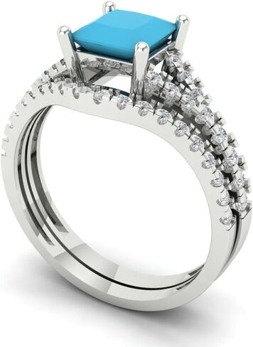 Wedding Ring Set for Women - 14K Solid Gold, White Gold Simulated Turquoise Engagament Ring and Stacking Zirconia Wedding Band Bridal Set, 3.4 tcw in Kuwait